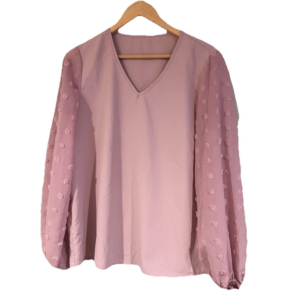 SHEIN Women L Chiffon Top Blouse Mauve Purple Sheer Dotted Long Sleeve Office EC